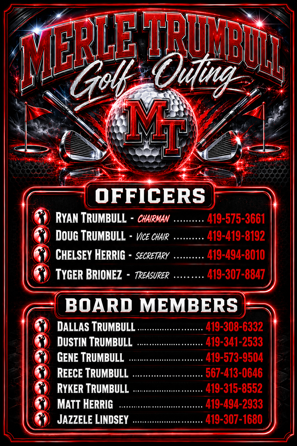 Merle Trumbull Golf Outing officers and board members with phone numbers