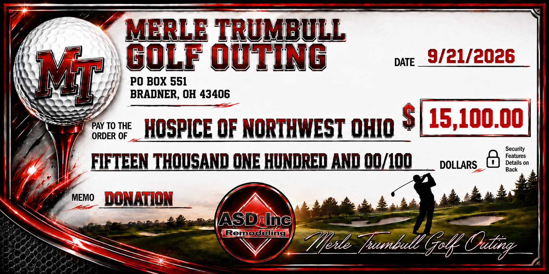 Ceremonial check from the Merle Trumbull Golf Outing dated September 21, 2026, payable to Hospice of Northwest Ohio for fifteen thousand one hundred dollars, memo: donation