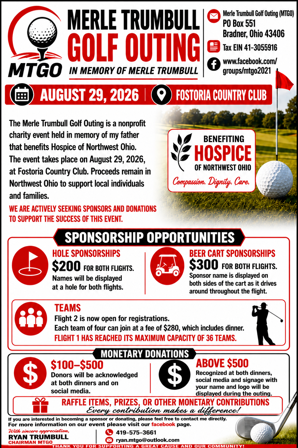 Merle Trumbull Golf Outing 2026 sponsor and donor flyer detailing hole and beer cart sponsorships, team registration, and monetary donation levels